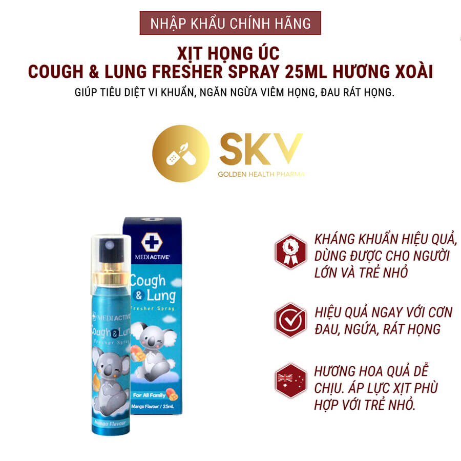 Xịt họng Úc Cough & Lung Spray 25ml xịt họng kháng khuẩn hương xoài