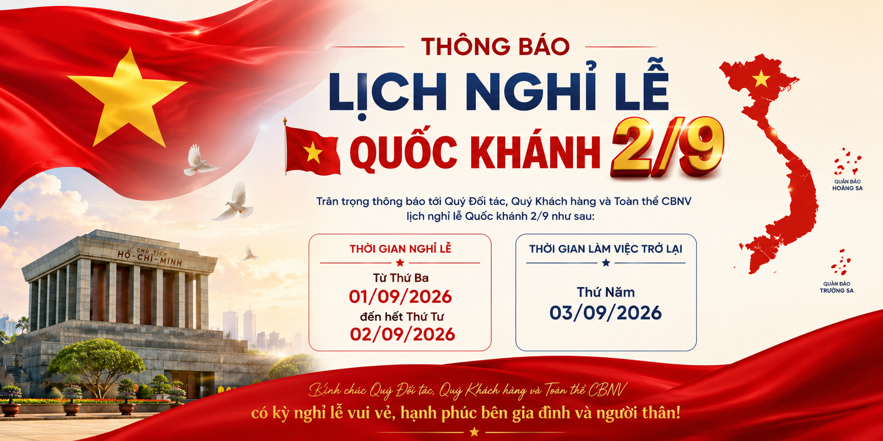 THÔNG BÁO LỊCH NGHỈ LỄ QUỐC KHÁNH 2/9