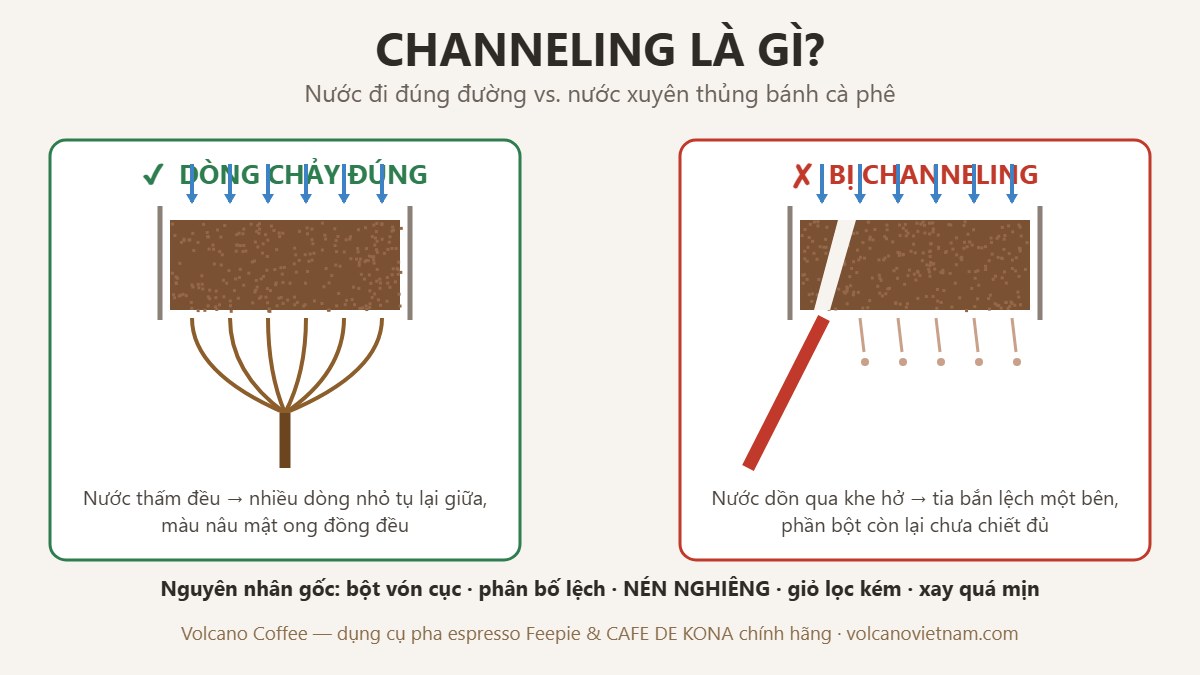 Sơ đồ so sánh dòng chảy espresso đúng và dòng chảy bị channeling (tia nước)
