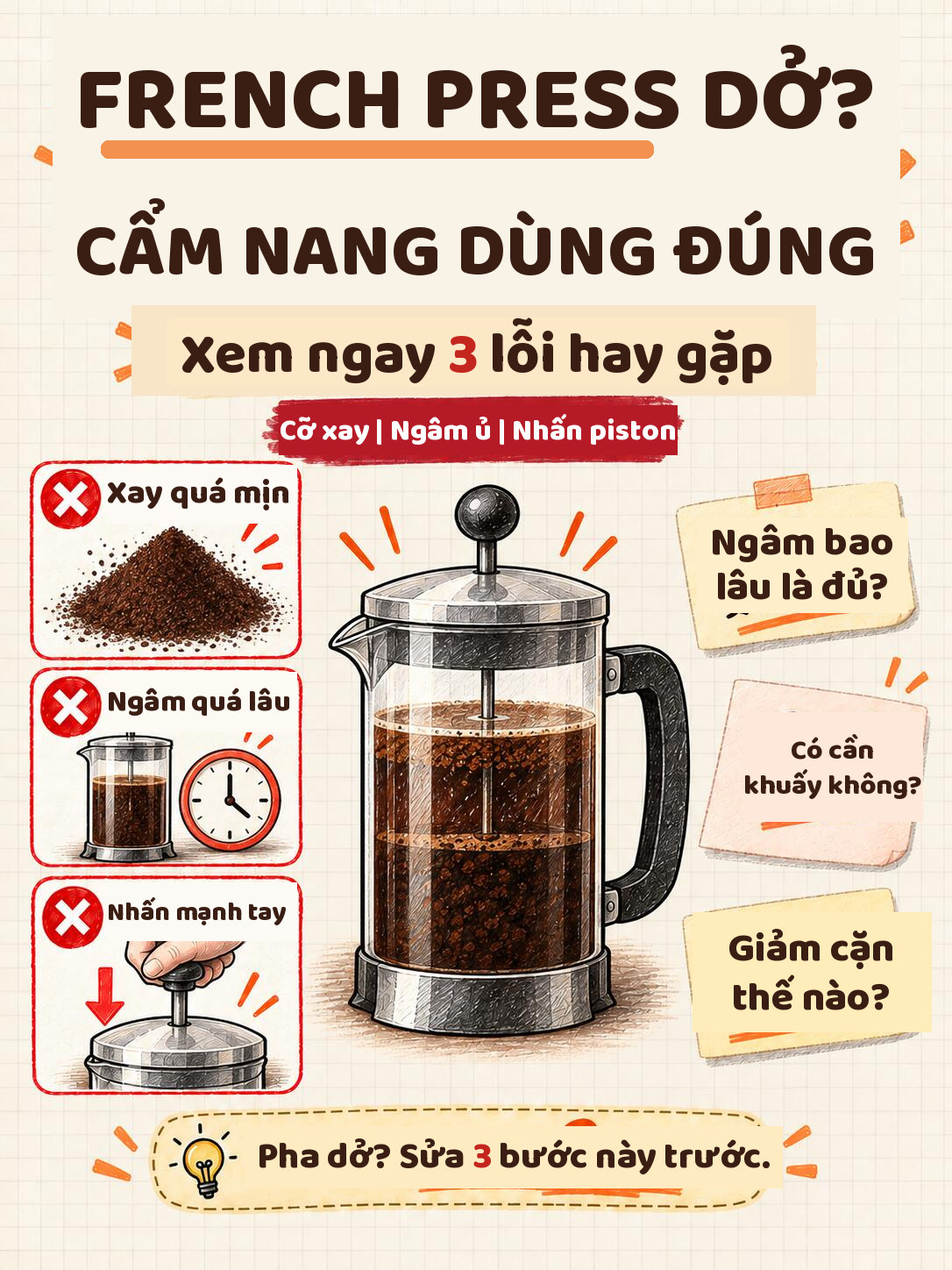 Infographic French Press pha dở: 3 lỗi hay gặp — bột xay quá mịn, ngâm quá lâu, nhấn piston quá mạnh