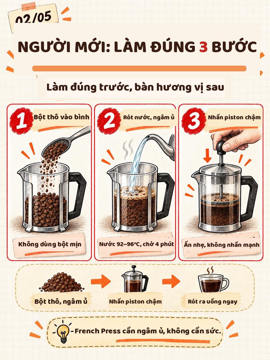 Infographic 3 bước pha French Press cho người mới: bột xay thô vào bình, rót nước 92–96°C ngâm 4 phút, nhấn piston chậm
