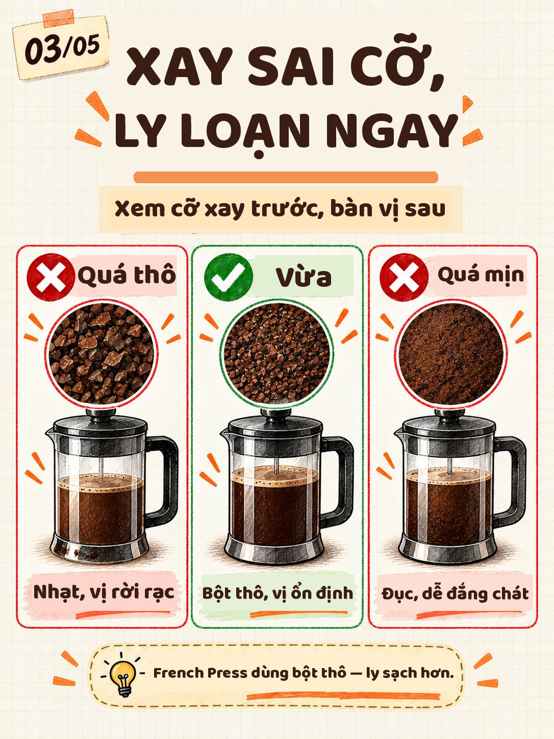 Infographic cỡ xay cho French Press: quá thô nhạt rời rạc, vừa 900–1.100 micron ổn định, quá mịn đục đắng chát