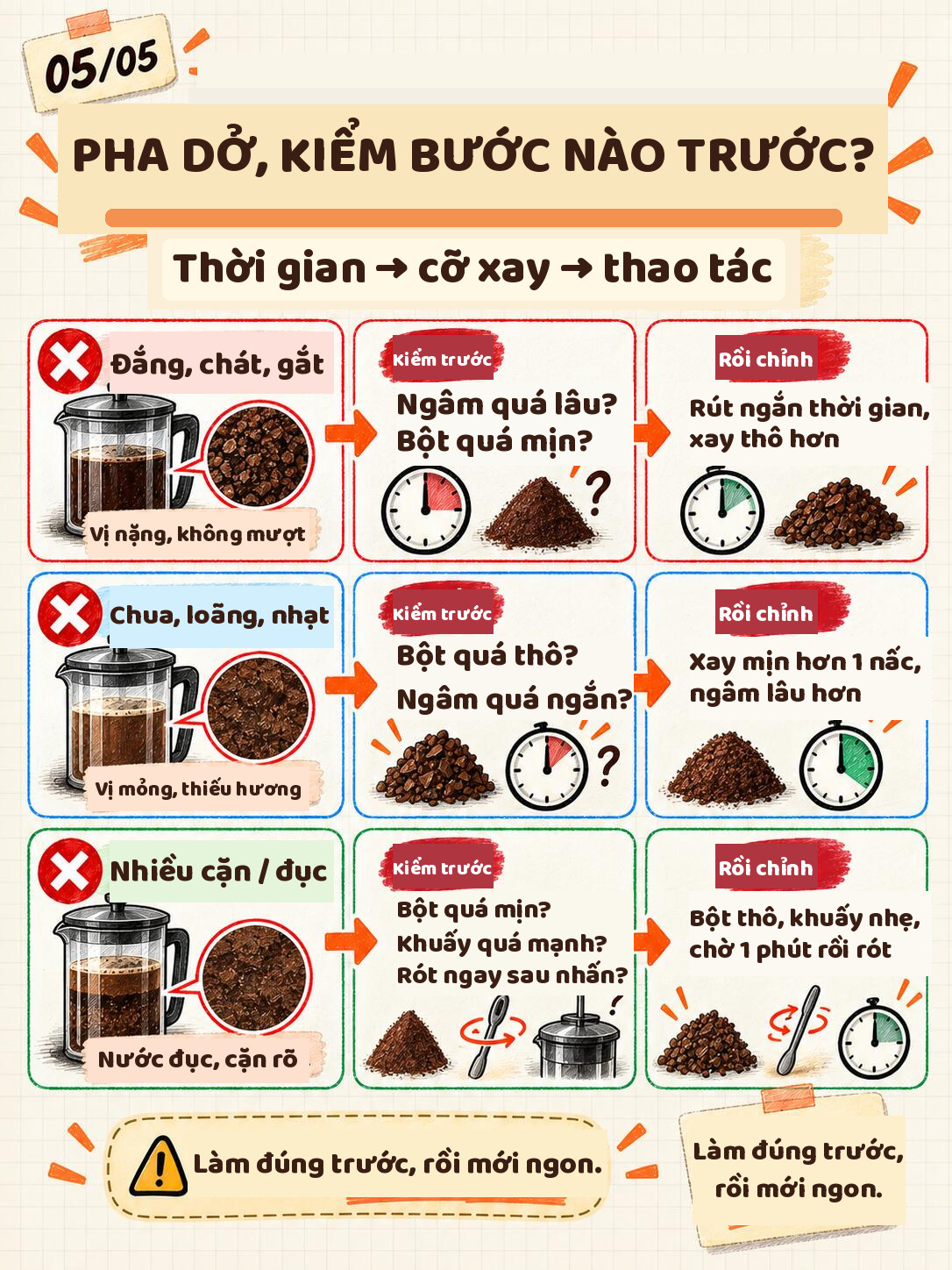 Infographic chẩn đoán French Press pha dở: đắng chát gắt, chua loãng nhạt, nhiều cặn đục — kiểm thời gian, cỡ xay, thao tác rồi chỉnh