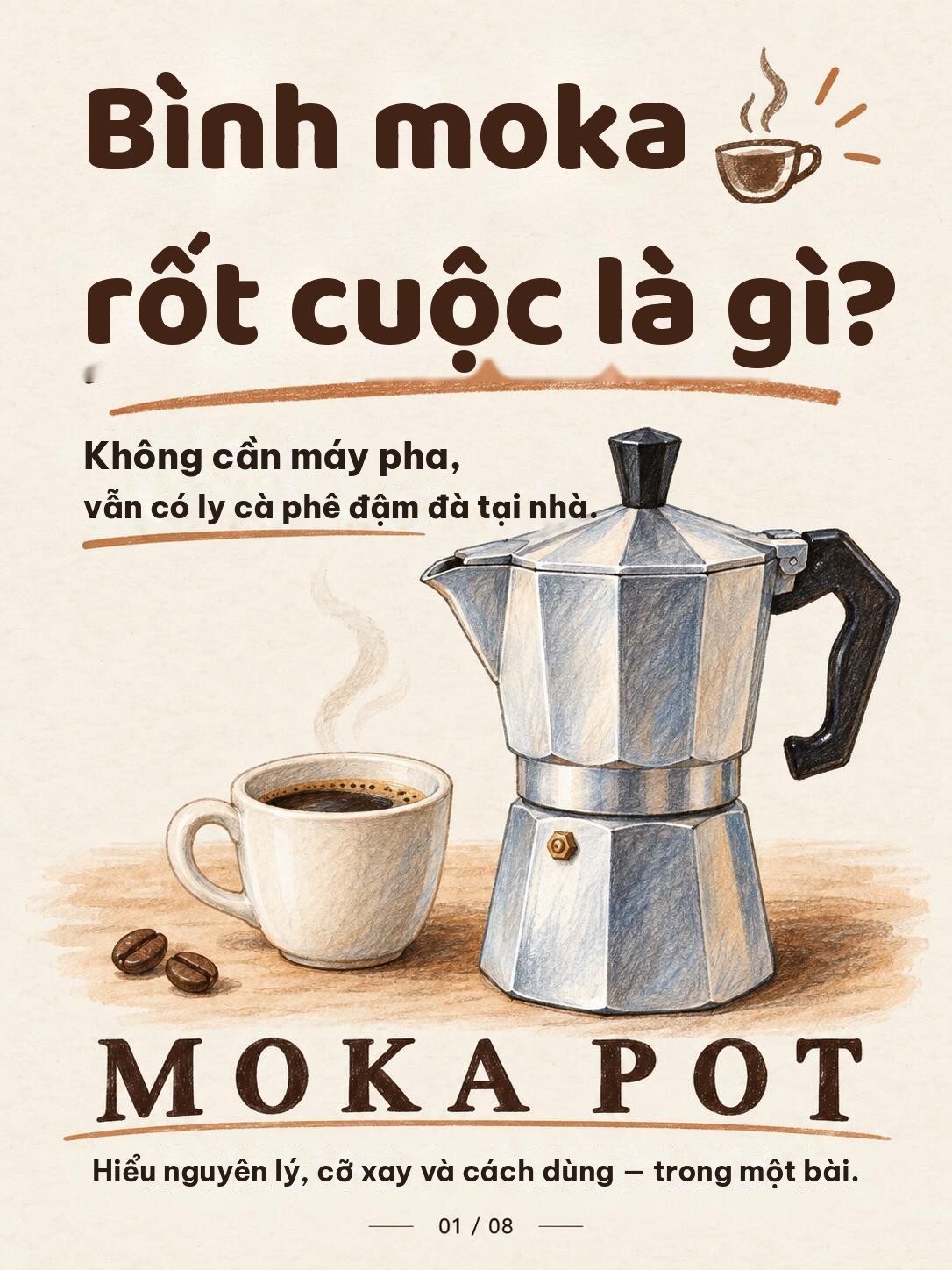 Infographic bình moka là gì: bình moka pot nhôm và tách cà phê, không cần máy pha vẫn có ly cà phê đậm tại nhà