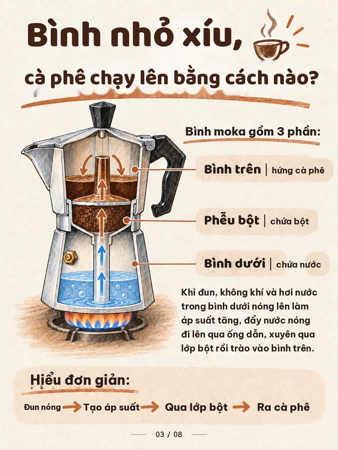 Sơ đồ cắt bình moka 3 phần: bình trên hứng cà phê, phễu bột ở giữa, bình dưới chứa nước; đun nóng tạo áp suất đẩy nước qua lớp bột