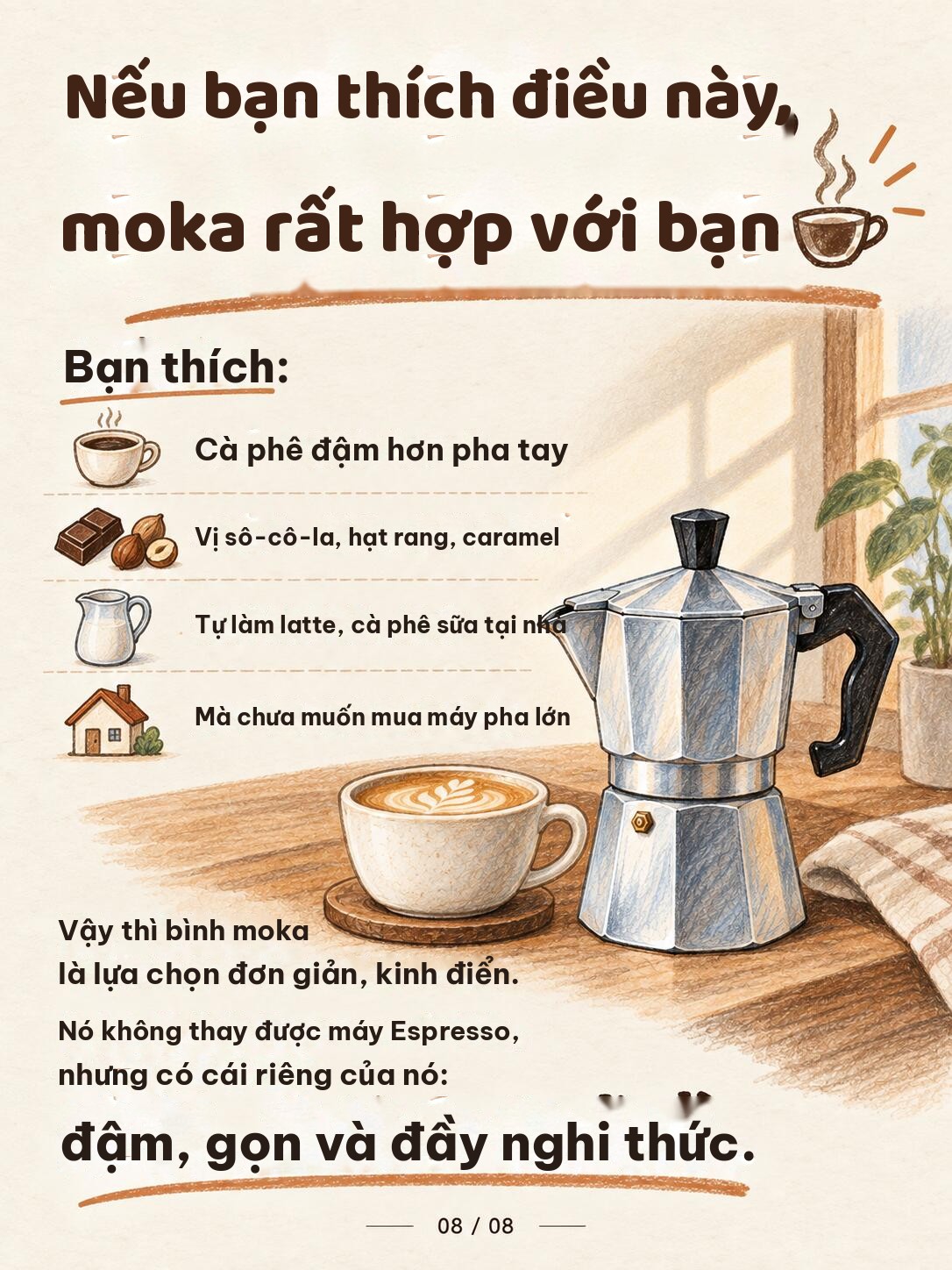 Infographic ai hợp với bình moka: người thích cà phê đậm hơn pha tay, vị sô-cô-la hạt rang caramel, tự làm latte và cà phê sữa tại nhà