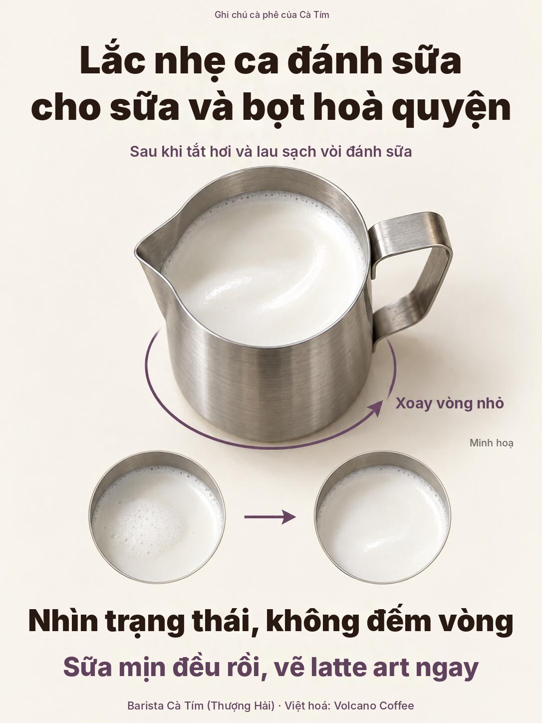 Lắc nhẹ ca đánh sữa theo vòng nhỏ để sữa và bọt hoà quyện trước khi vẽ latte art