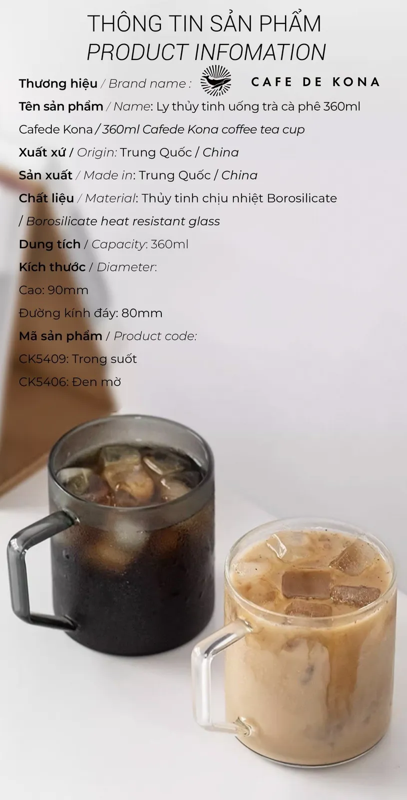 Bảng thông số ly thuỷ tinh uống trà cà phê CAFE DE KONA 360ml