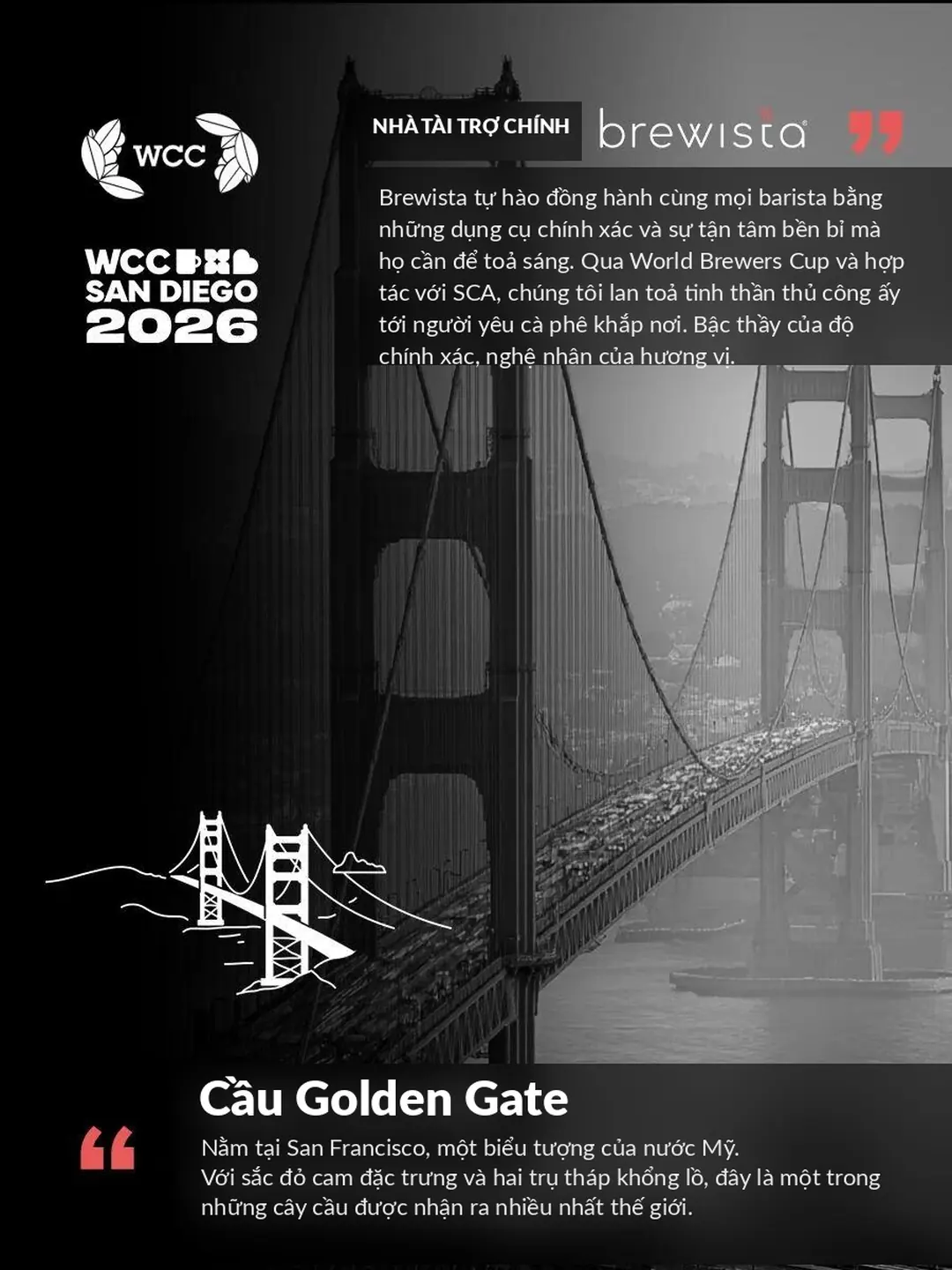 Hoa văn cầu Golden Gate trên ấm Brewista WCC San Diego 2026