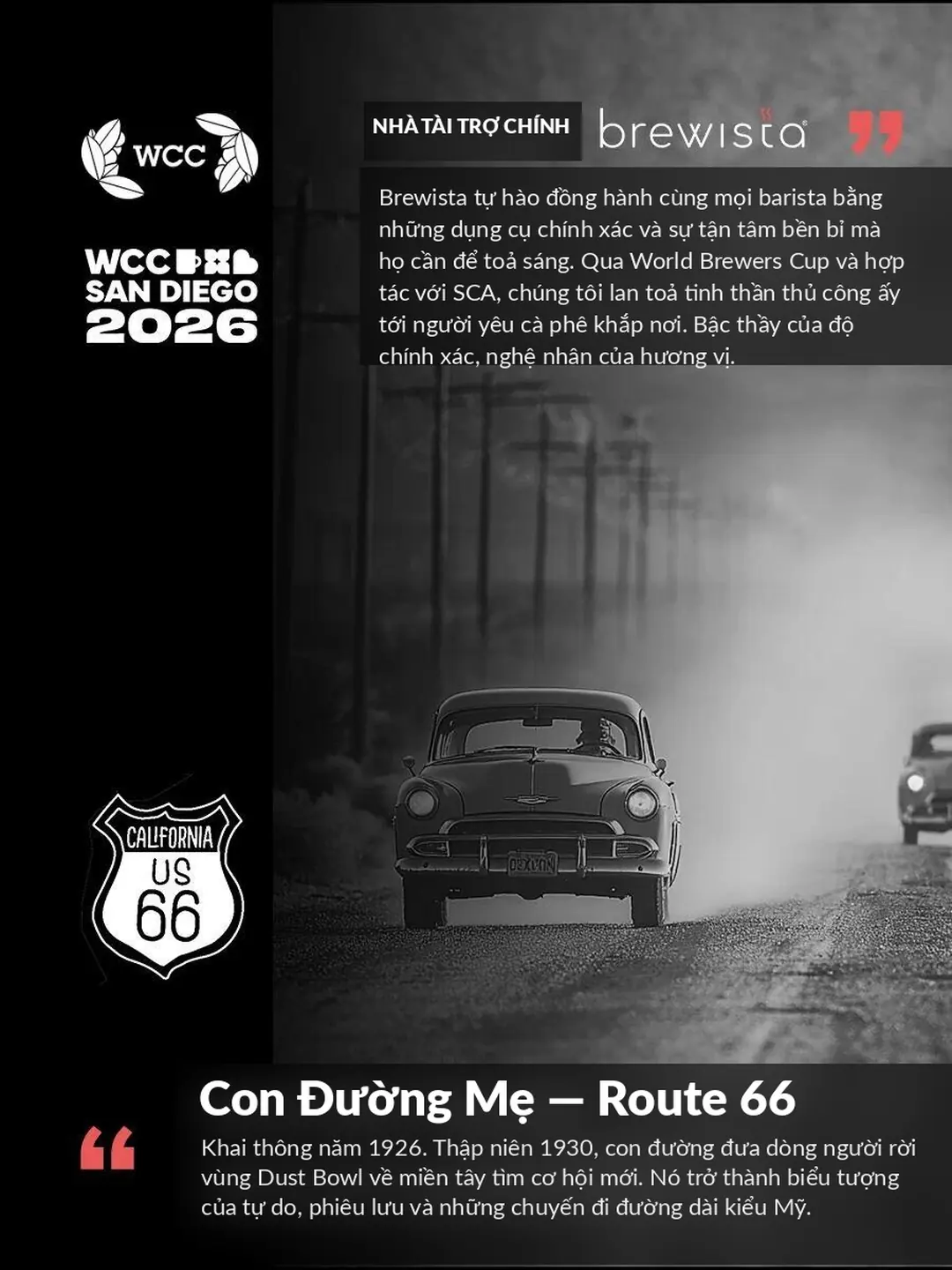Hoa văn đường Route 66 trên ấm Brewista WCC San Diego 2026