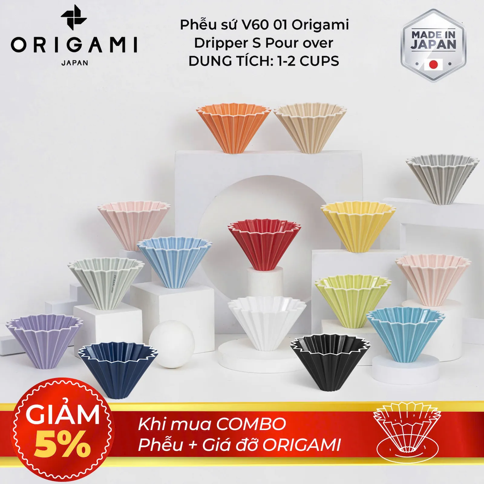 Ưu đãi giảm 5% khi mua combo phễu sứ Origami Dripper S kèm giá đỡ