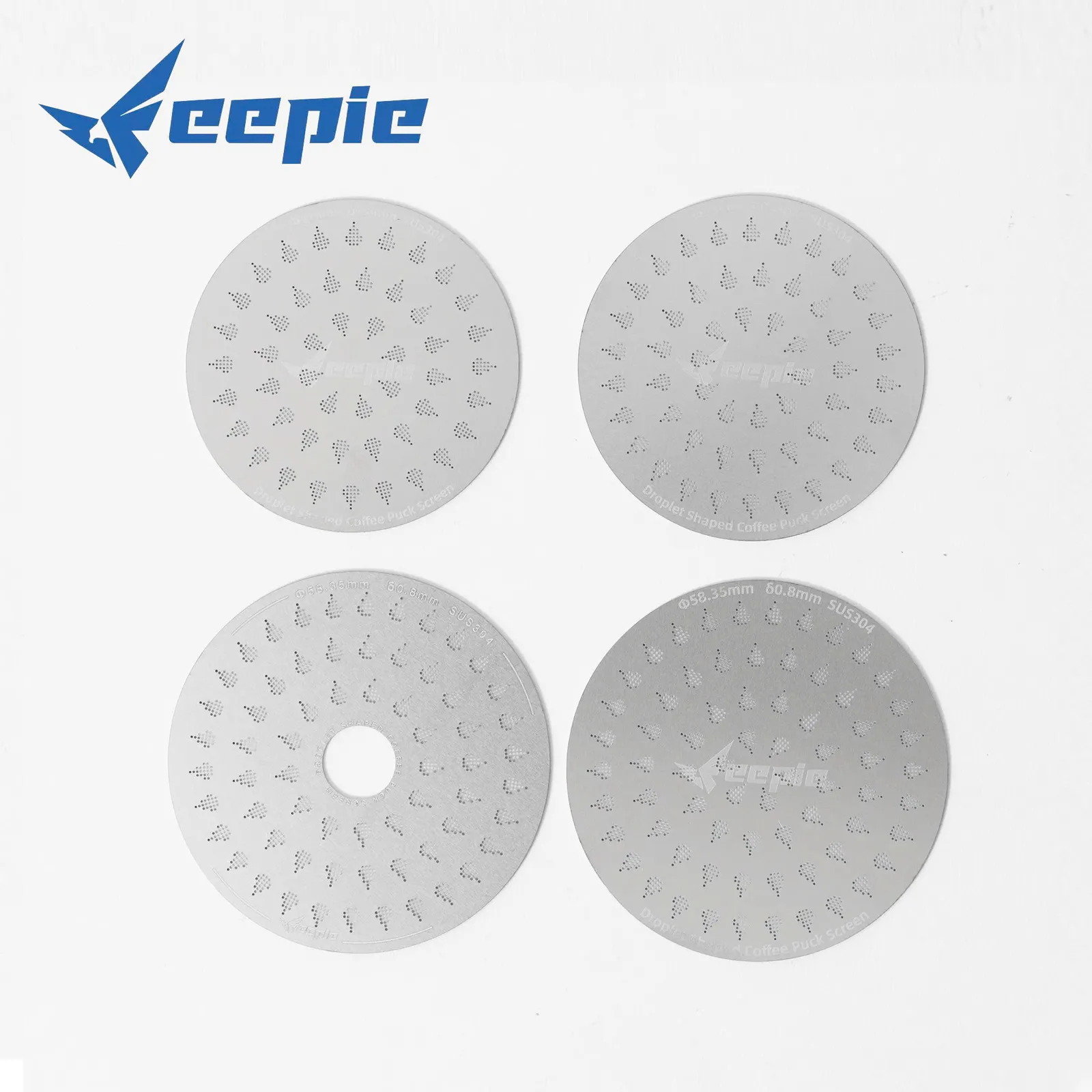 Bốn phiên bản lưới lọc chia nước Feepie: 58,5mm, 58,35mm có lỗ giữa, 53mm và 51mm
