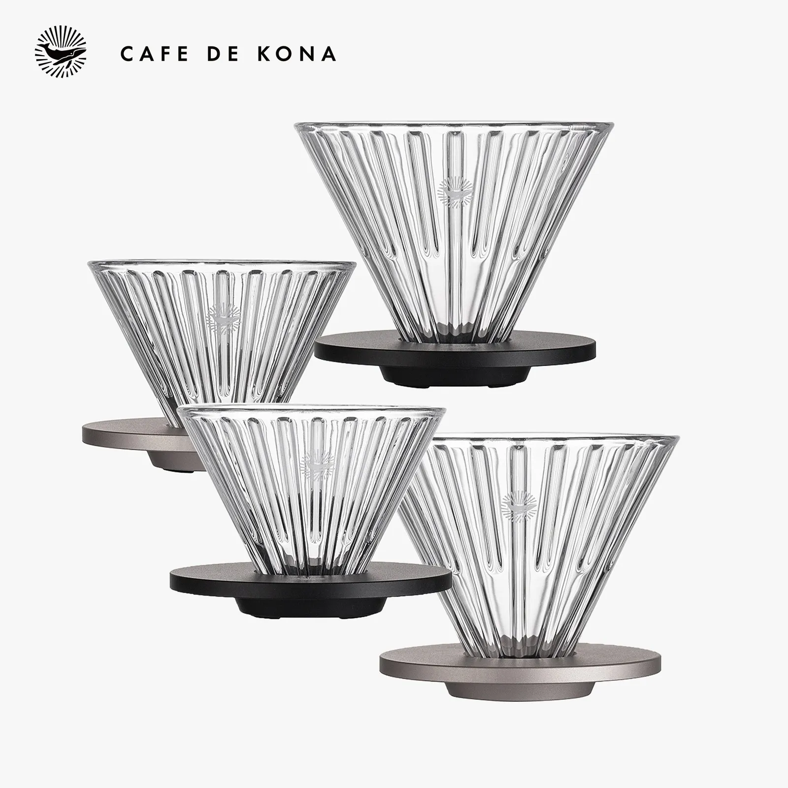 Phễu thuỷ tinh V60 rãnh thẳng đế nhôm CAFE DE KONA size 01 và 02
