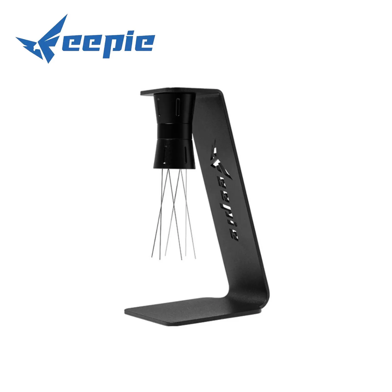 Kim tán bột cà phê Feepie BFZ-ZZ-36BK cùng giá đỡ kim loại đen trên nền trắng
