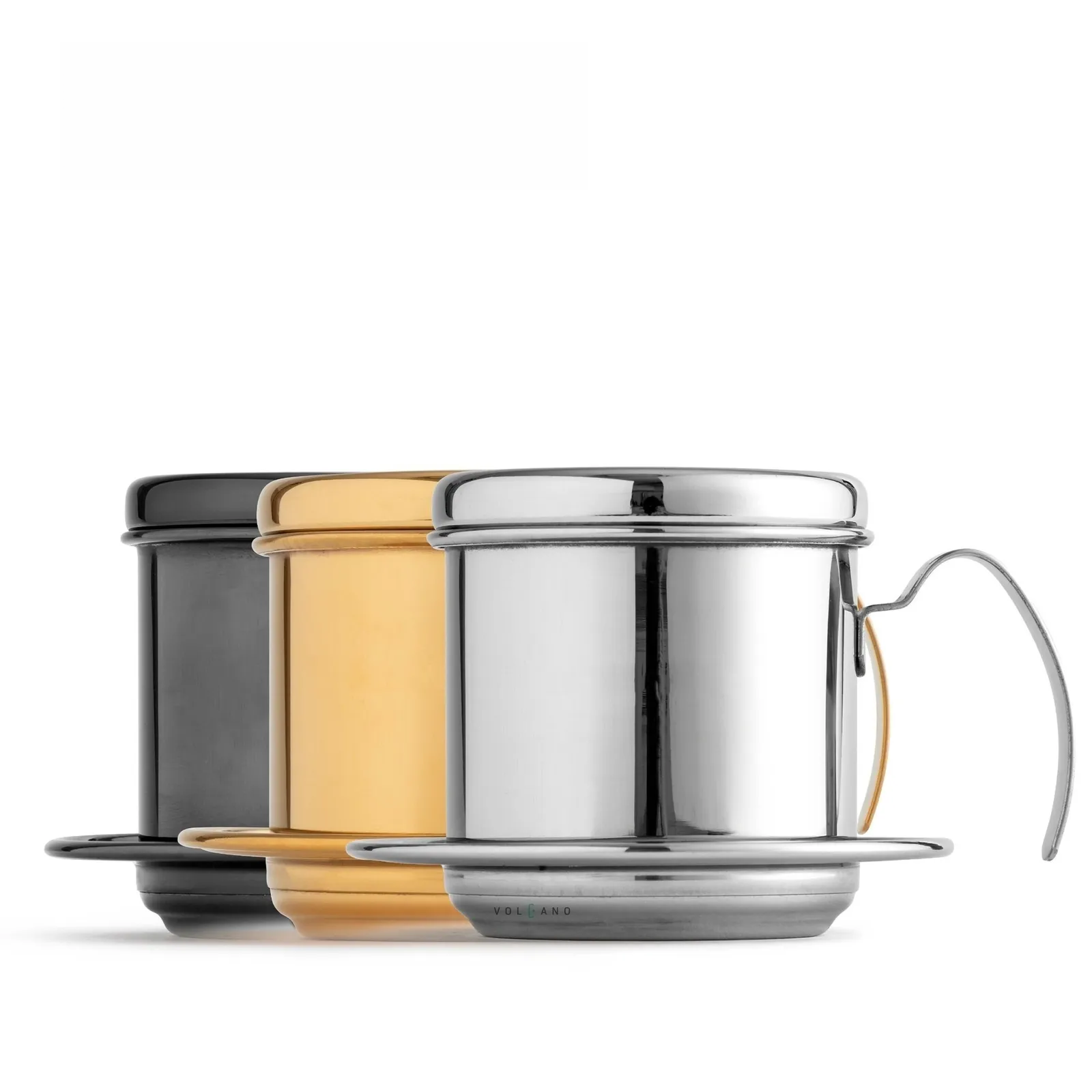 Ba phin cà phê inox 304 màu bạc và gold xếp cạnh nhau trên nền trắng