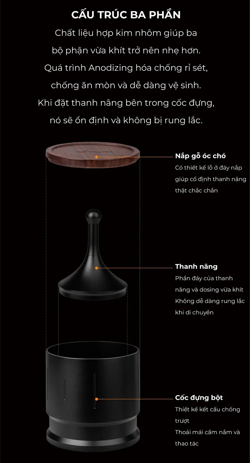 Cấu trúc ba phần dosing cup Feepie Wood Charm: nắp gỗ óc chó có lỗ cố định, thanh nâng và cốc đựng bột
