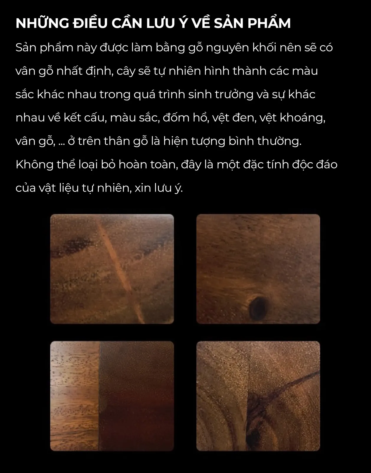 Lưu ý vân gỗ tự nhiên trên đế gỗ Feepie: màu sắc, đốm hổ và vệt khoáng khác nhau giữa từng sản phẩm