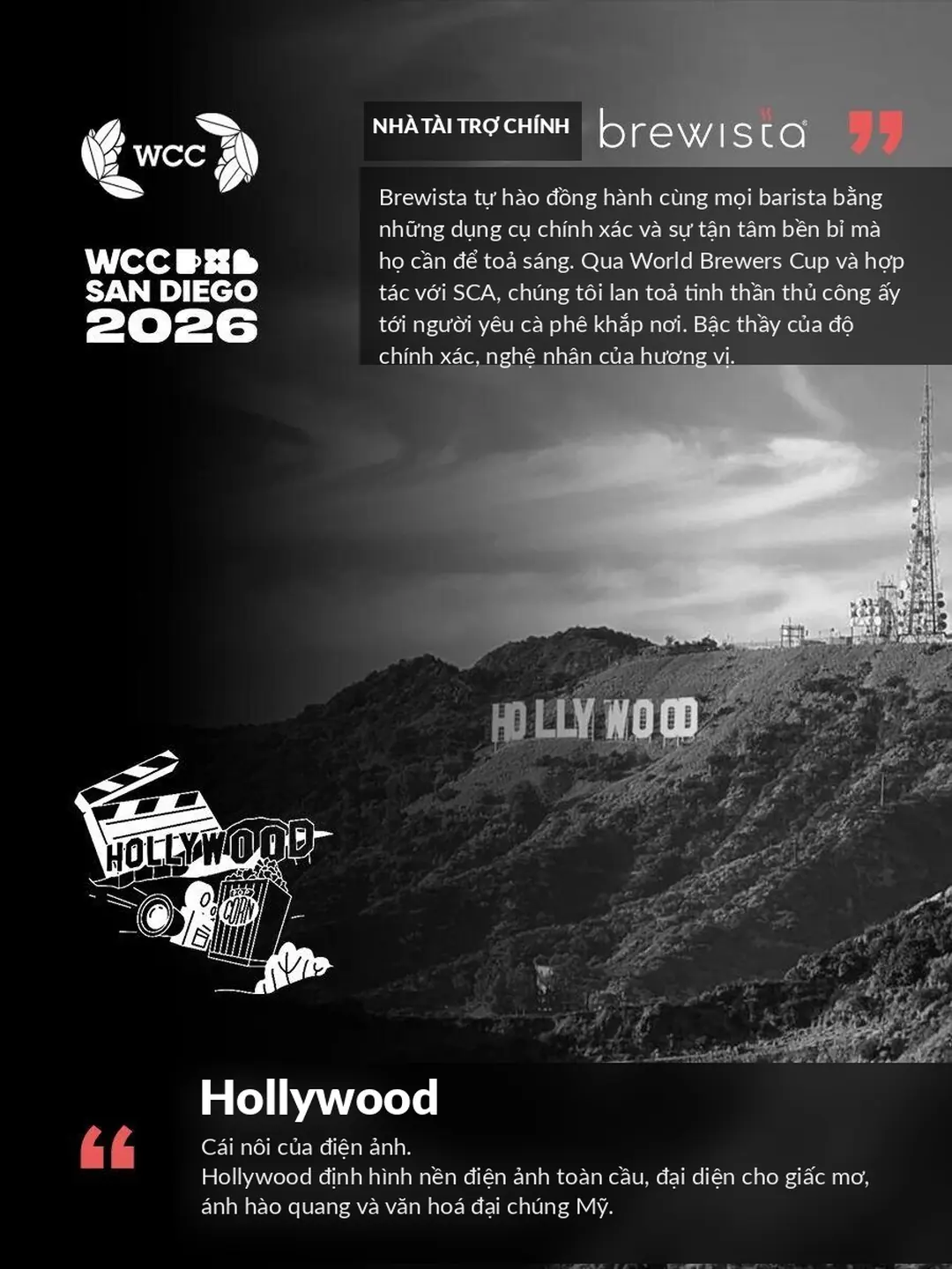 Hoa văn bảng hiệu Hollywood trên ấm Brewista WCC San Diego 2026
