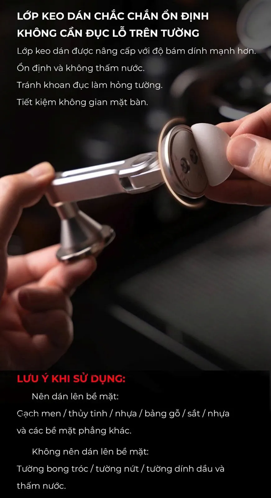 Lớp keo dán cường lực của tay nam châm Feepie bám chắc, không cần khoan đục lỗ trên tường