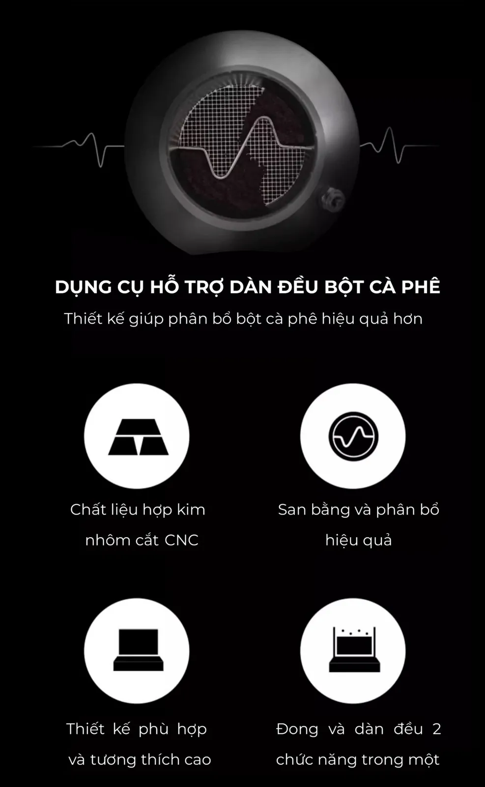 Thao tác gạt phẳng mặt bột cà phê bằng dụng cụ san phẳng CAFE DE KONA trên bình Moka