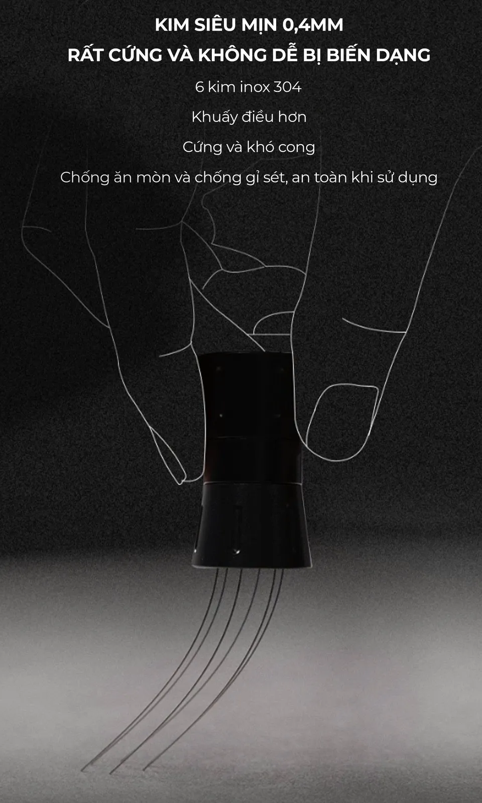 Sáu kim inox 304 đường kính 0,4mm của Feepie rất cứng và không dễ biến dạng