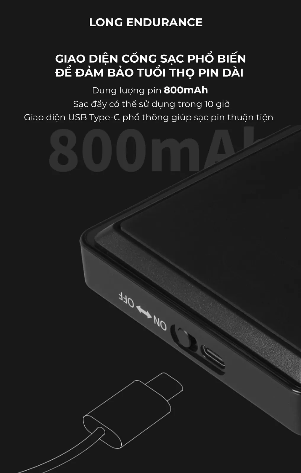 Pin lithium 800mAh của cân điện tử Feepie, sạc đầy dùng được 10 giờ, cổng USB Type-C phổ thông