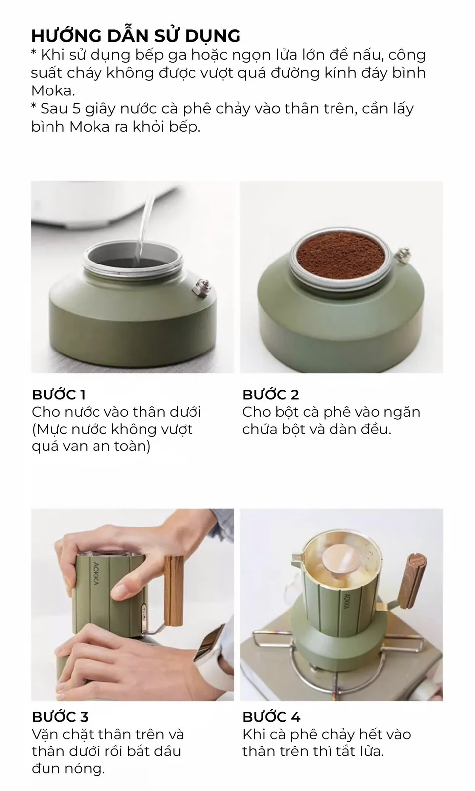 Hướng dẫn bốn bước pha cà phê bằng bình Moka AOKKA Cactus 120ml