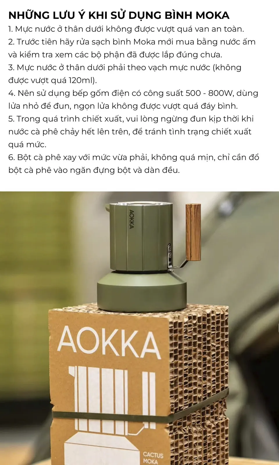 Sáu lưu ý khi sử dụng bình Moka AOKKA Cactus in trên thẻ hướng dẫn