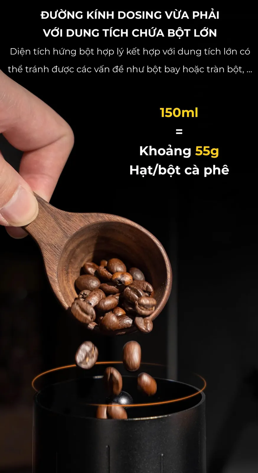 Dung tích 150ml của dosing cup Feepie Wood Charm chứa khoảng 55g hạt hoặc bột cà phê