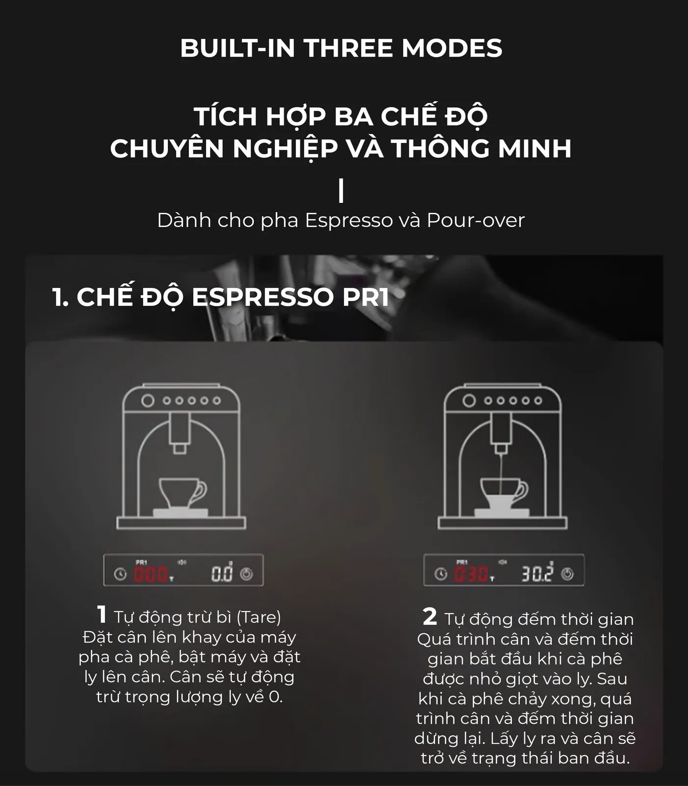 Chế độ Espresso PR1 trên cân điện tử Feepie: tự động trừ bì và tự động đếm thời gian khi cà phê chảy