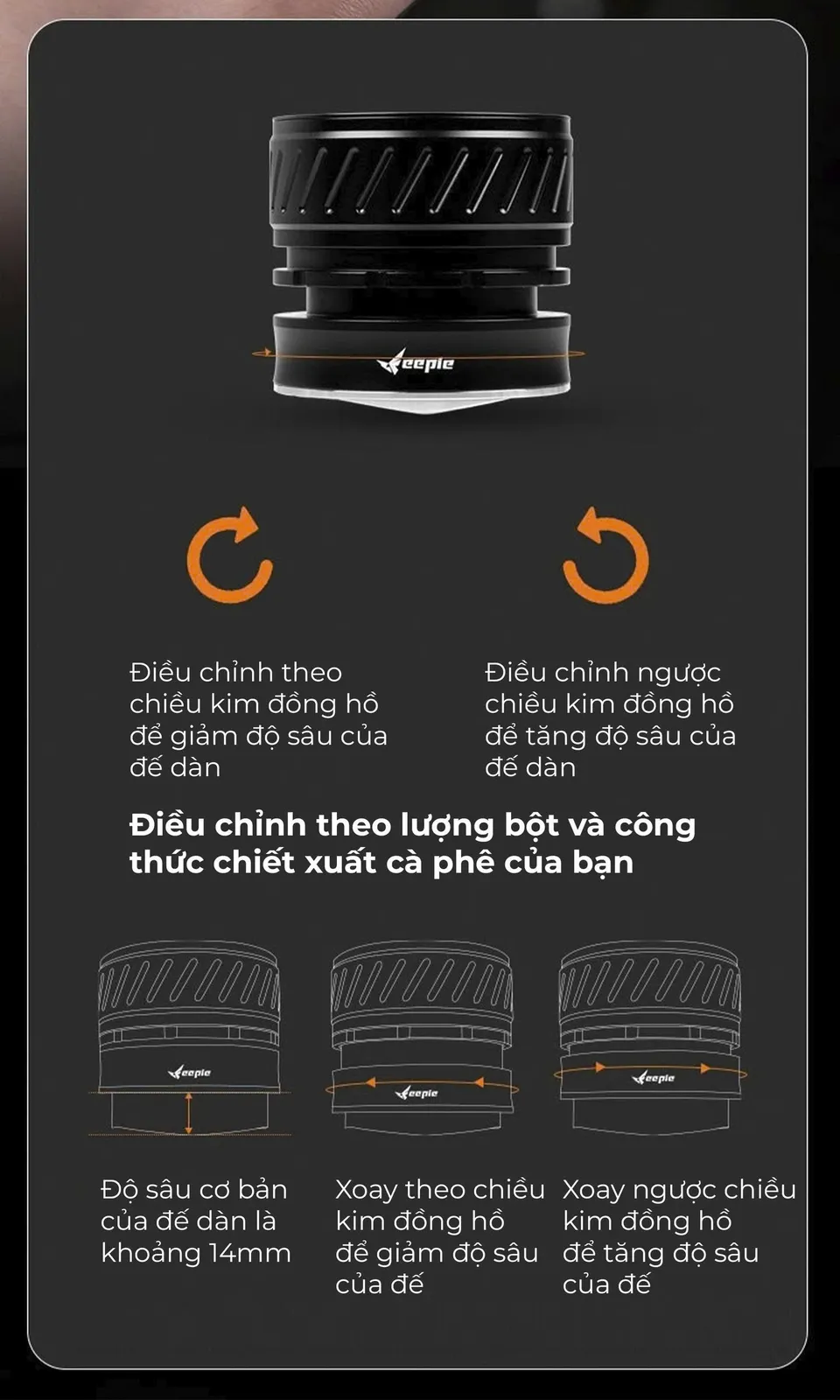 Hướng dẫn xoay thân OCD Feepie THOR theo và ngược chiều kim đồng hồ để chỉnh độ sâu đế dàn