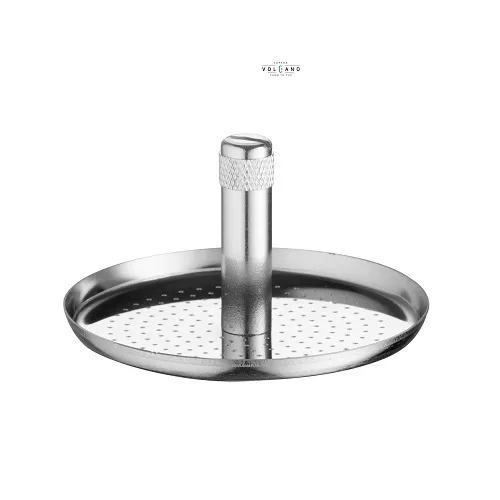 Đĩa nén phin cà phê inox có trục ren xoáy và mặt đục lỗ li ti nhìn nghiêng