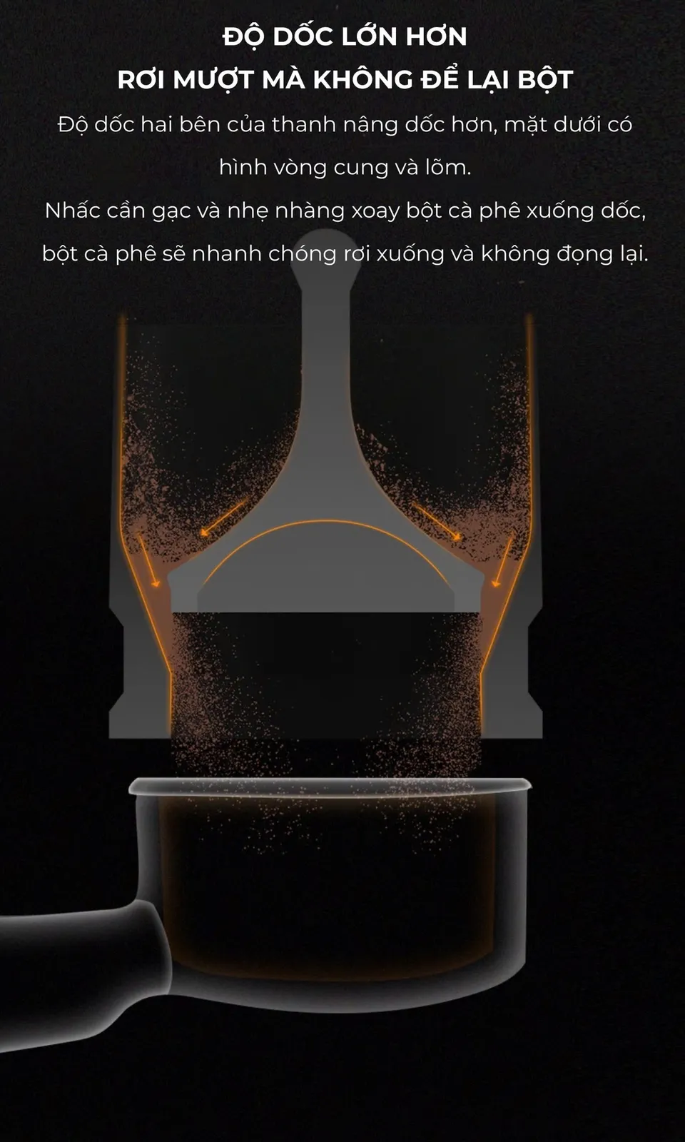 Độ dốc lớn và đáy lõm hình vòng cung giúp bột trượt hết khỏi dosing cup Feepie Wood Charm