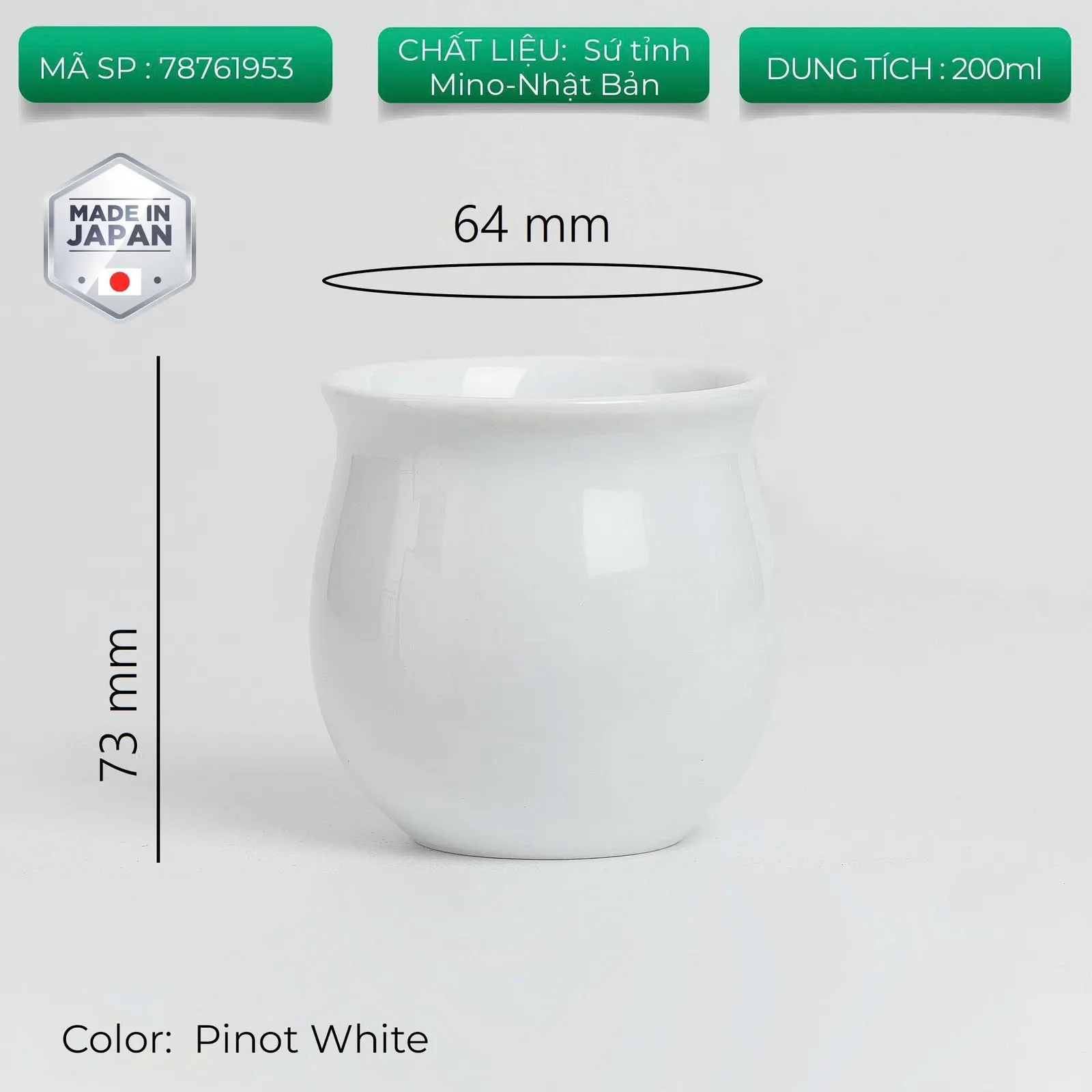 Kích thước ly Origami Pinot Flavor Cup trắng cao 73mm miệng 64mm