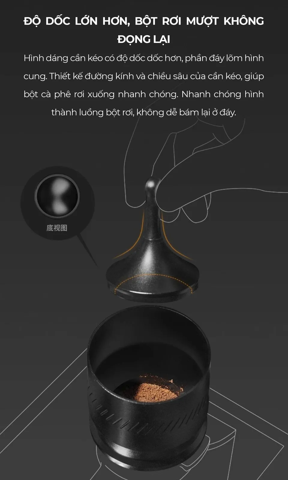 Thành trong dosing cup THOR có độ dốc lớn giúp bột cà phê rơi hết không đọng lại