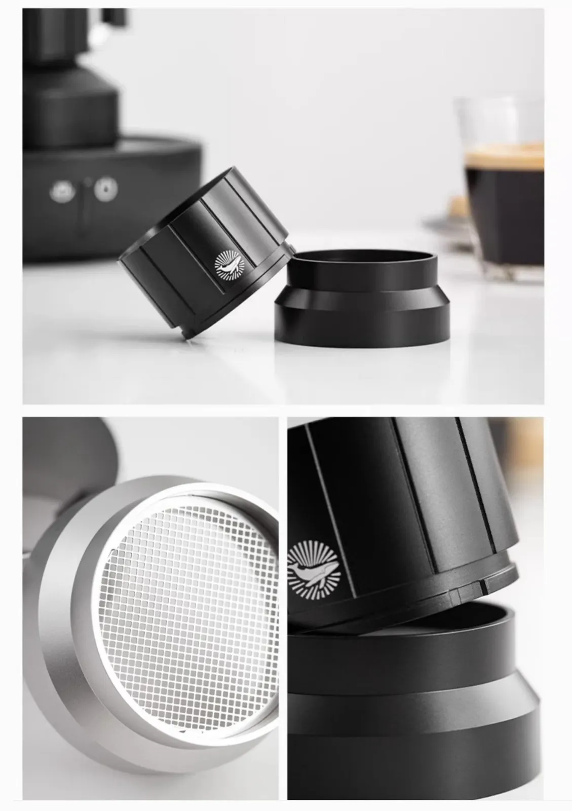 Dụng cụ san phẳng cà phê CAFE DE KONA sau khi vệ sinh đặt cạnh bình Moka