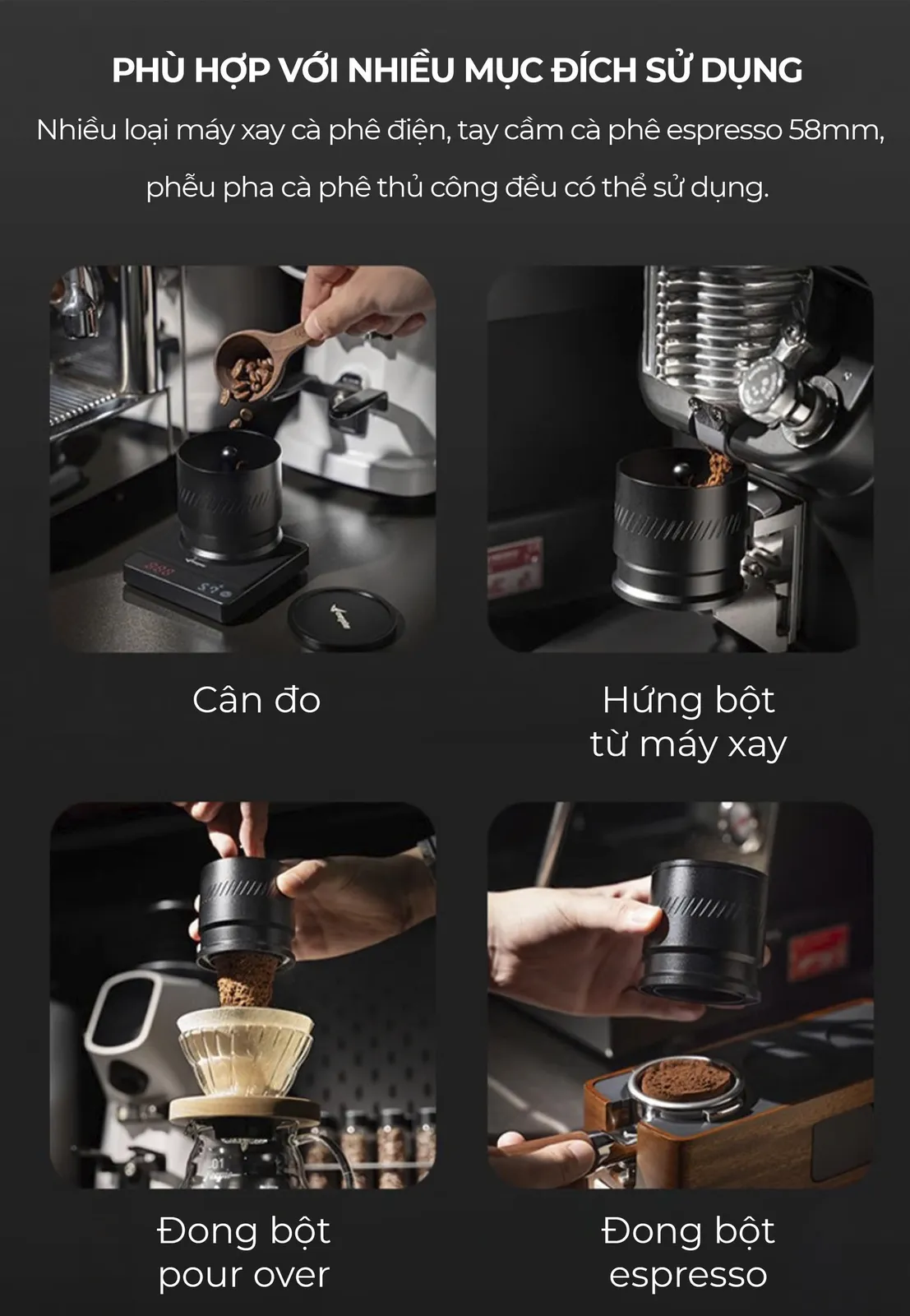 Bốn cách dùng dosing cup Feepie THOR: cân đo, hứng bột từ máy xay, đong bột pour over và espresso