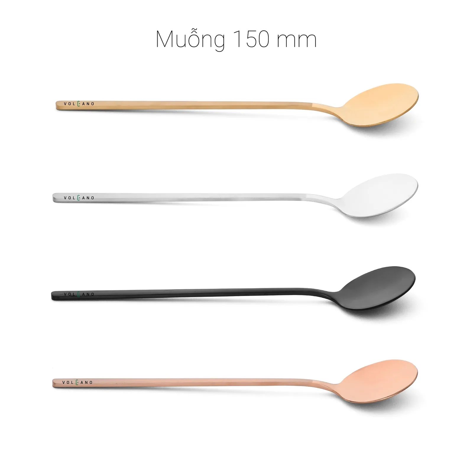 Muỗng cà phê inox 15cm bốn màu bạc đen vàng đồng xếp cạnh nhau
