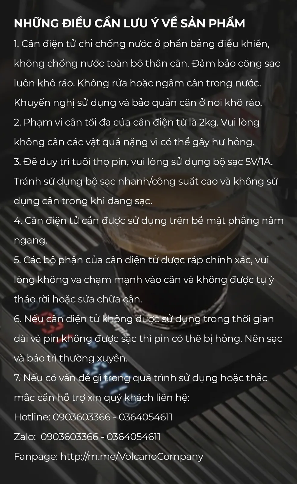 Năm lưu ý sử dụng cân điện tử Feepie: chỉ chống nước ở bảng điều khiển, tối đa 2kg, dùng bộ sạc 5V 1A