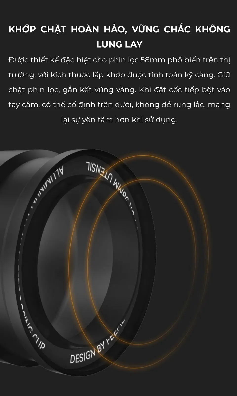 Tamper Feepie THOR khớp chặt với phin lọc 58mm, không rung lắc khi nén