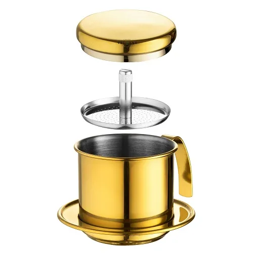Phin cà phê inox màu gold tháo rời cho thấy nắp đĩa nén trục ren và thân phin