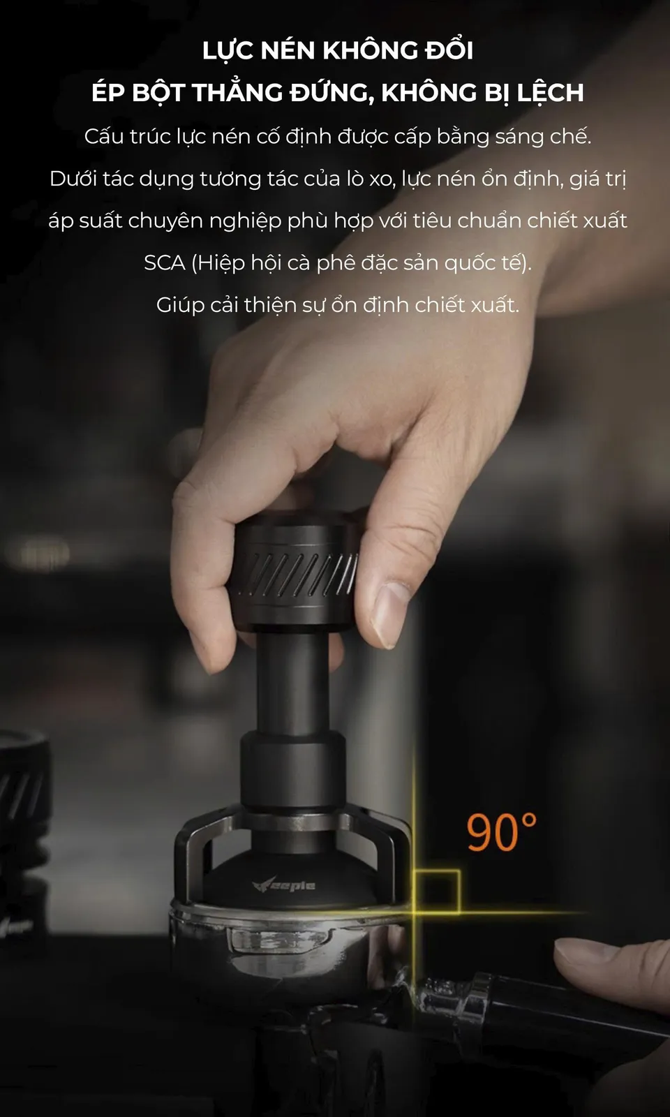 Tamper Feepie THOR ép bột thẳng đứng 90 độ không bị lệch, đạt chuẩn chiết xuất SCA