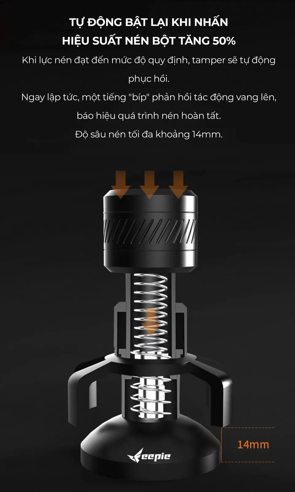 Tamper Feepie THOR tự động bật lại khi đạt lực nén quy định, hiệu suất nén bột tăng 50%