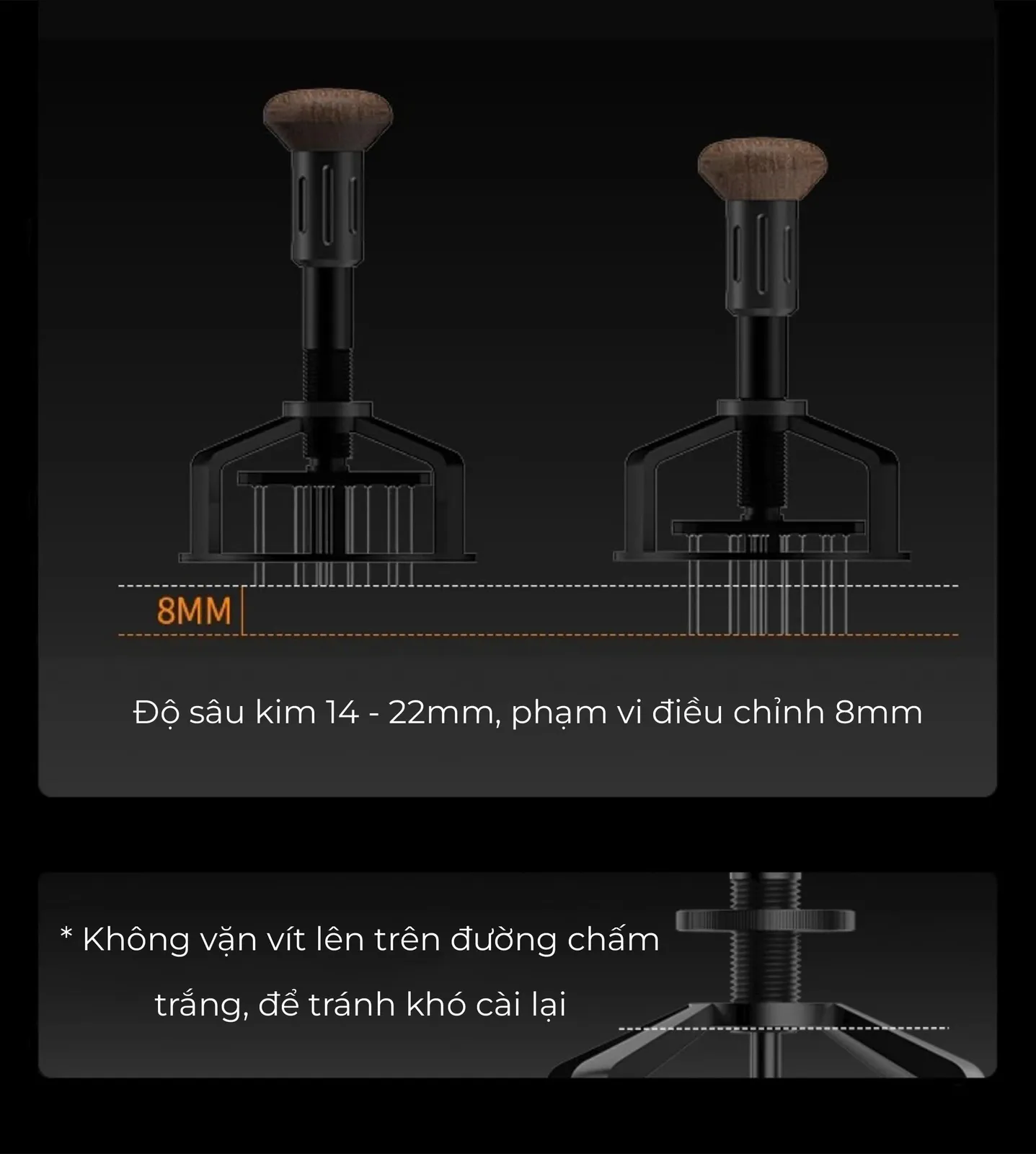 Độ sâu kim xoay Feepie Wood Charm điều chỉnh từ 14mm đến 22mm, phạm vi 8mm