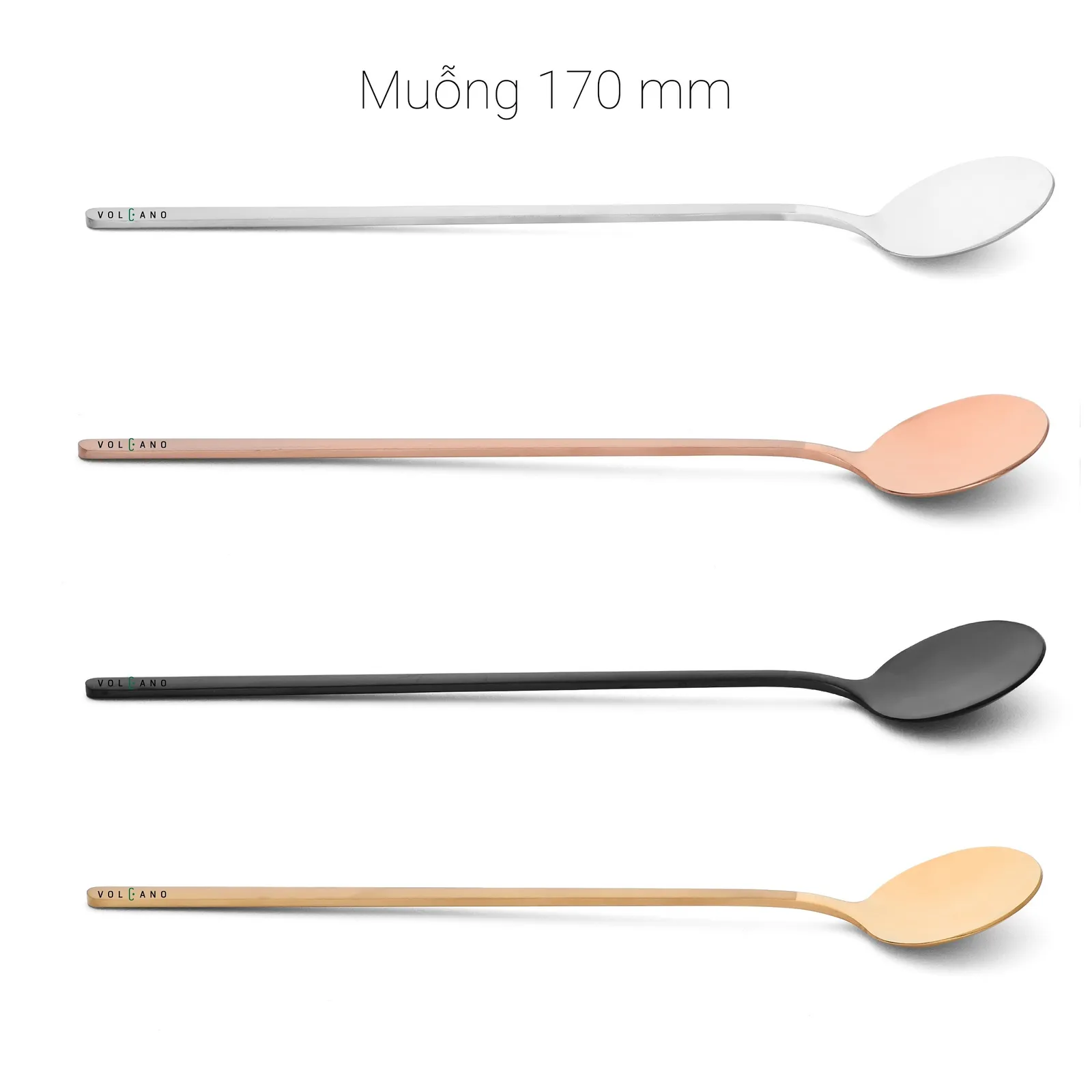 Muỗng cà phê inox 304 17cm bóng gương 4 màu bạc đen vàng đồng hợp ly cao 130-140mm