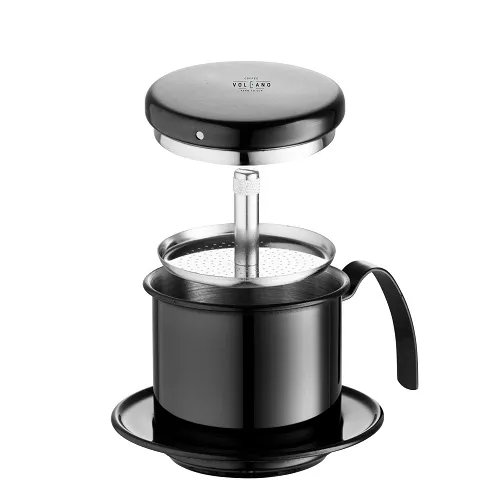 Phin cà phê inox màu đen tháo rời cho thấy nắp đĩa nén có trục ren và thân phin