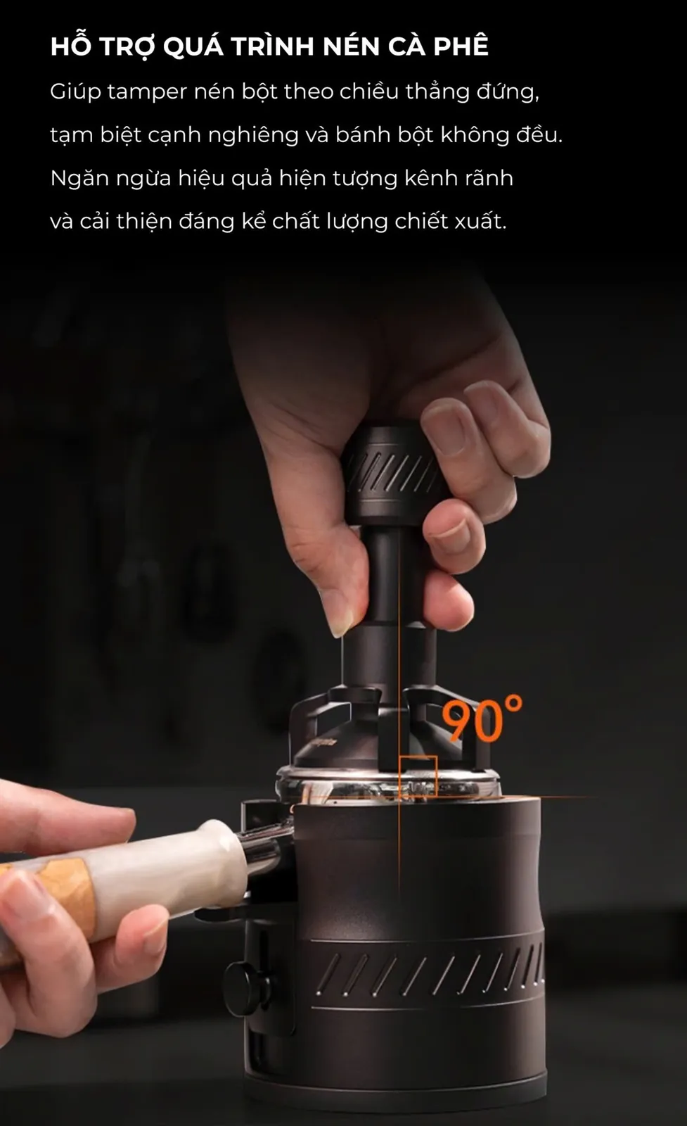 Đế nhôm Feepie giữ tamper nén bột theo chiều thẳng đứng 90°, ngăn cạnh nghiêng và bánh bột không đều