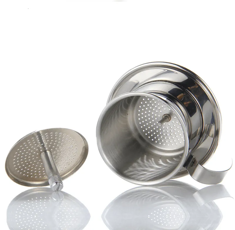 Phin cà phê inox tháo rời cho thấy thân phin đĩa nén và đĩa lót
