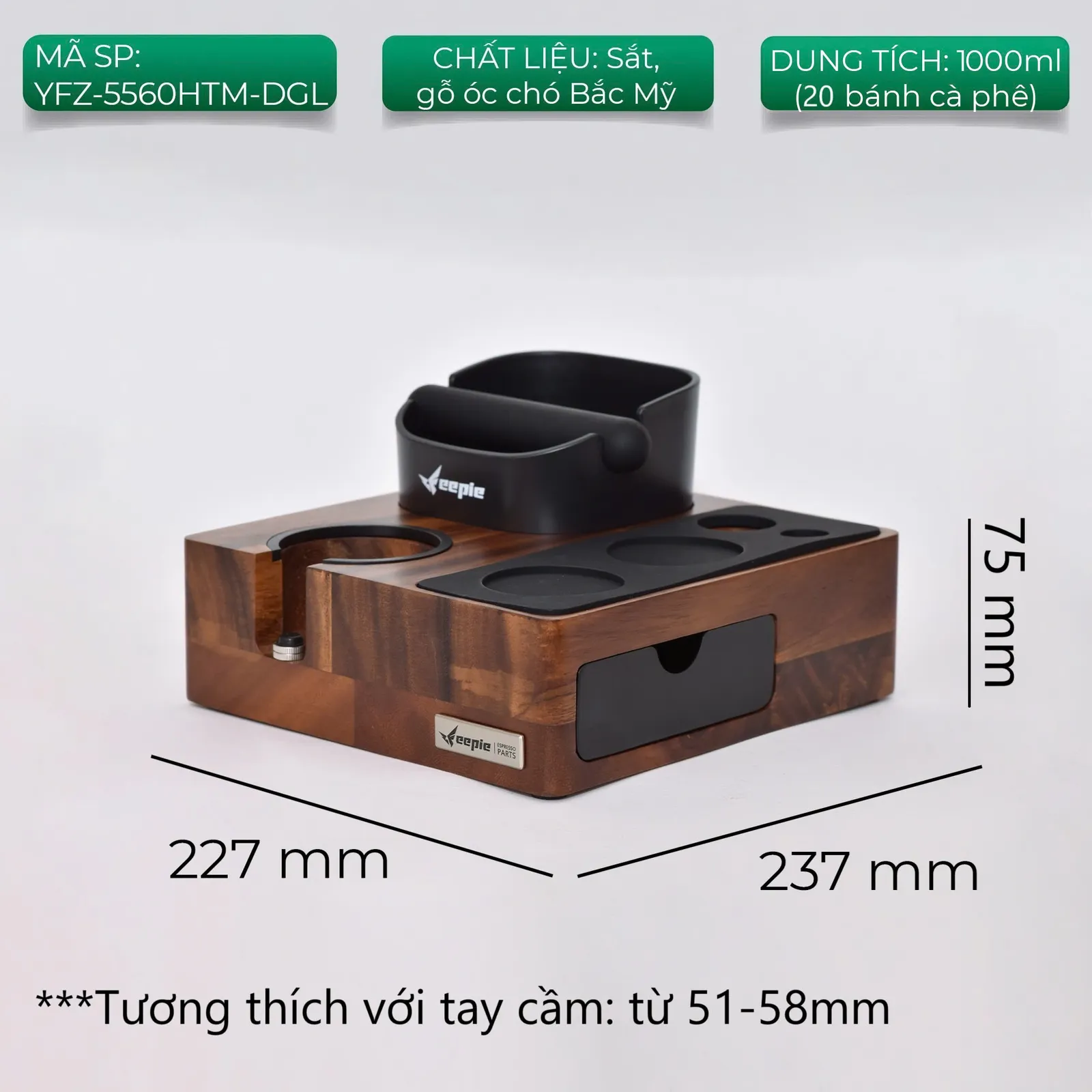 Kích thước bàn đế nén Feepie: 237 x 227 x 75mm, sắt và gỗ óc chó Bắc Mỹ, hộp đập bã 1000ml, tay cầm 51-58mm