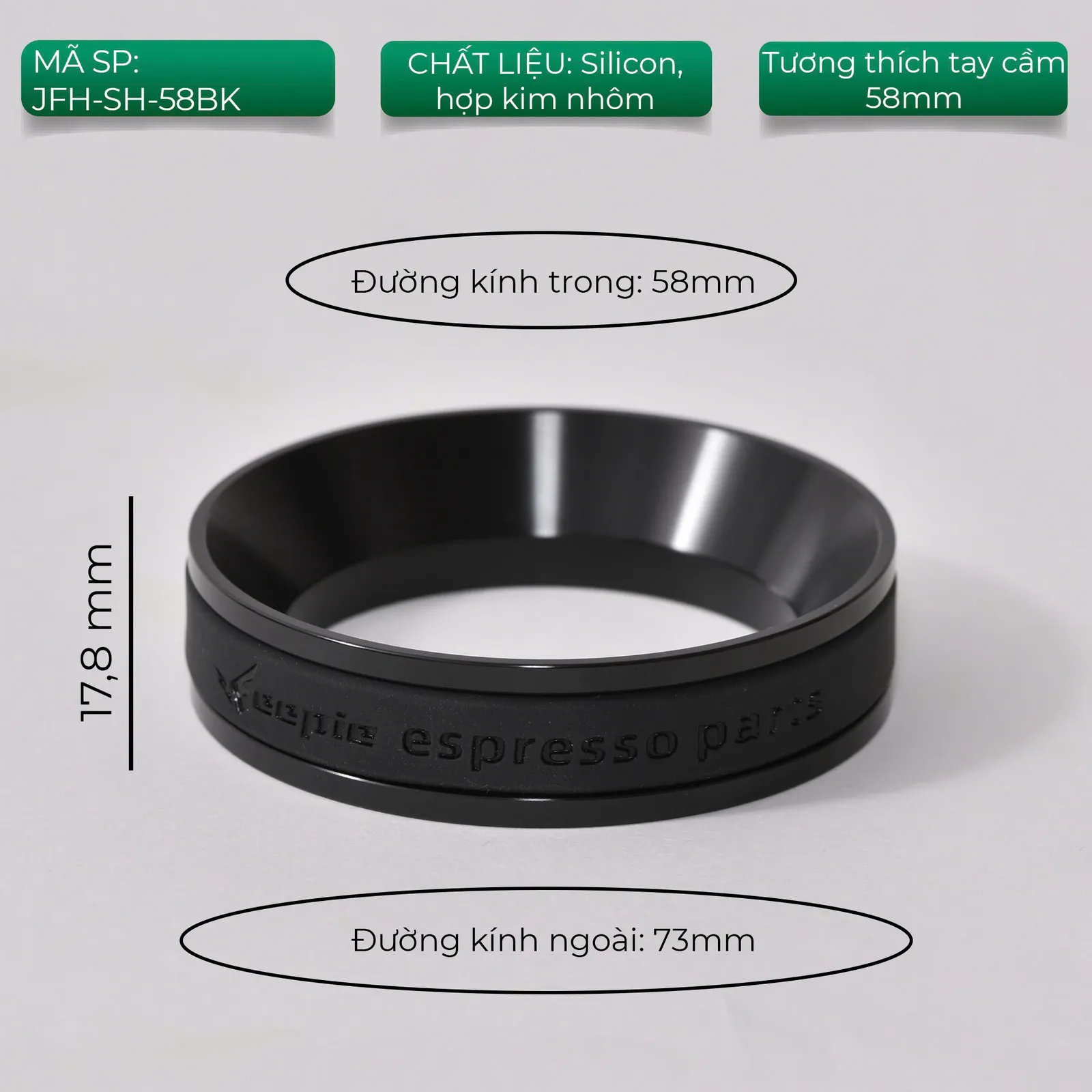 Kích thước vòng đong dosing Feepie: đường kính trong 58mm, ngoài 73mm, cao 17,8mm, silicon và hợp kim nhôm